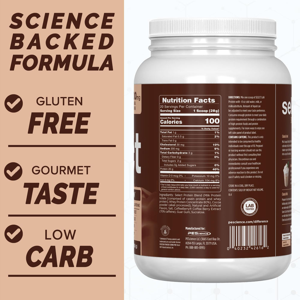 PEScience Select Cafe tub container emphasizes high-protein coffee option.