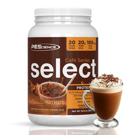 PEScience Select Cafe tub front with caramel macchiato flavor for quick protein coffee.