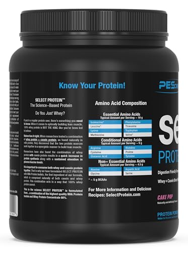 PEScience Select Protein ingredients panel close-up shows milk protein isolate base.