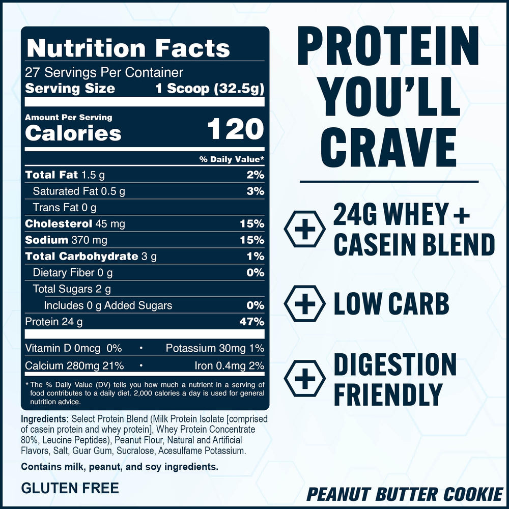 PEScience Select nutrition label close-up highlights 24 g protein per serving.