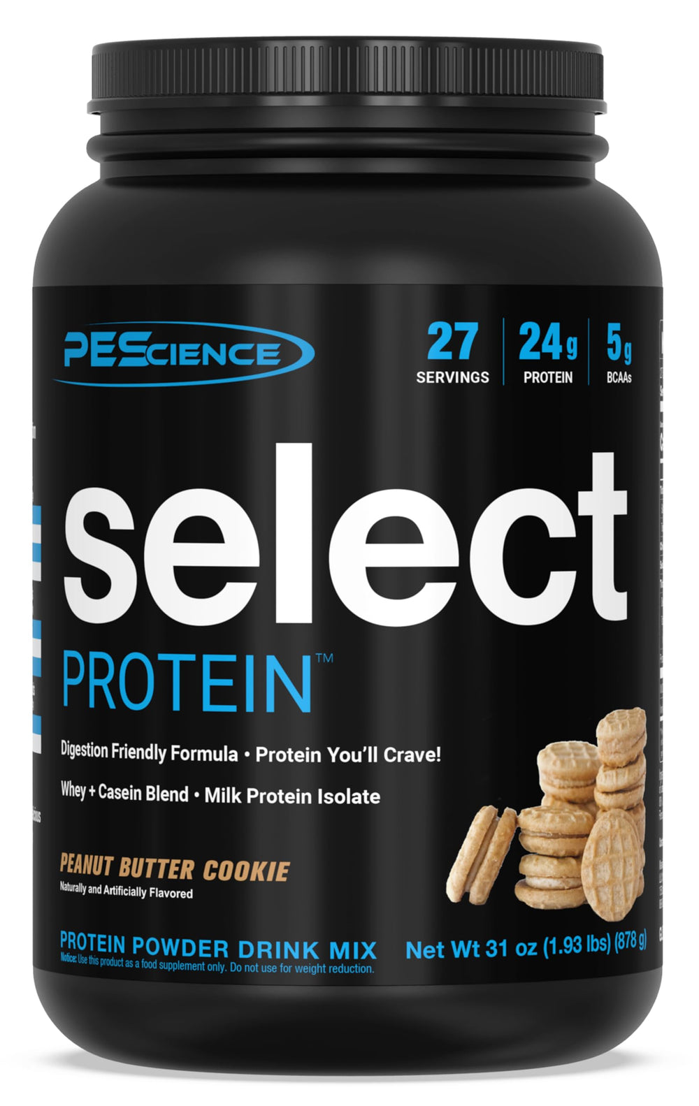 PEScience Select Peanut Butter Cookie tub shows high-protein shake ready for daily use.