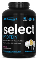 PEScience Select Cake Pop protein powder tub shows premium flavor and texture for shakes