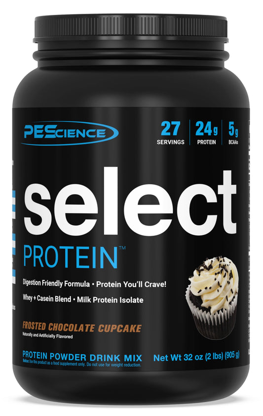 PEScience Select Protein Powder canister front showing a high-protein shake option
