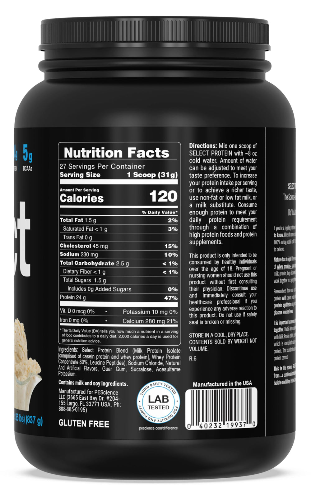 PEScience Select Protein shaker with vanilla shake, supports low-carb lifestyle.