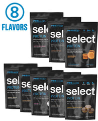 PEScience Select Protein Variety Pack back view reveals packaging and included shaker cup.
