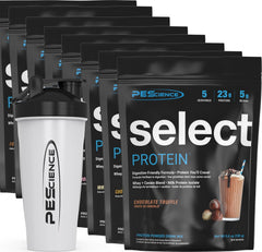 PEScience Select Protein Variety Pack front view shows eight flavors for daily variety.