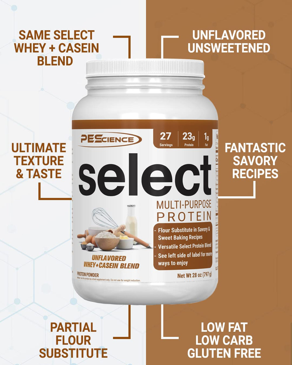 PEScience Select unflavored powder scoop showing baking potential and texture