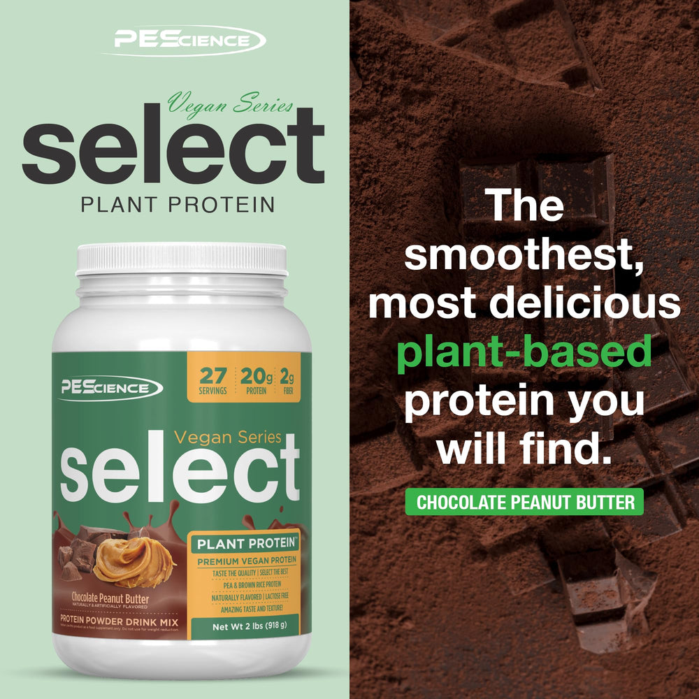 PEScience Select Vegan powder close-up shows complete amino acid profile emphasis
