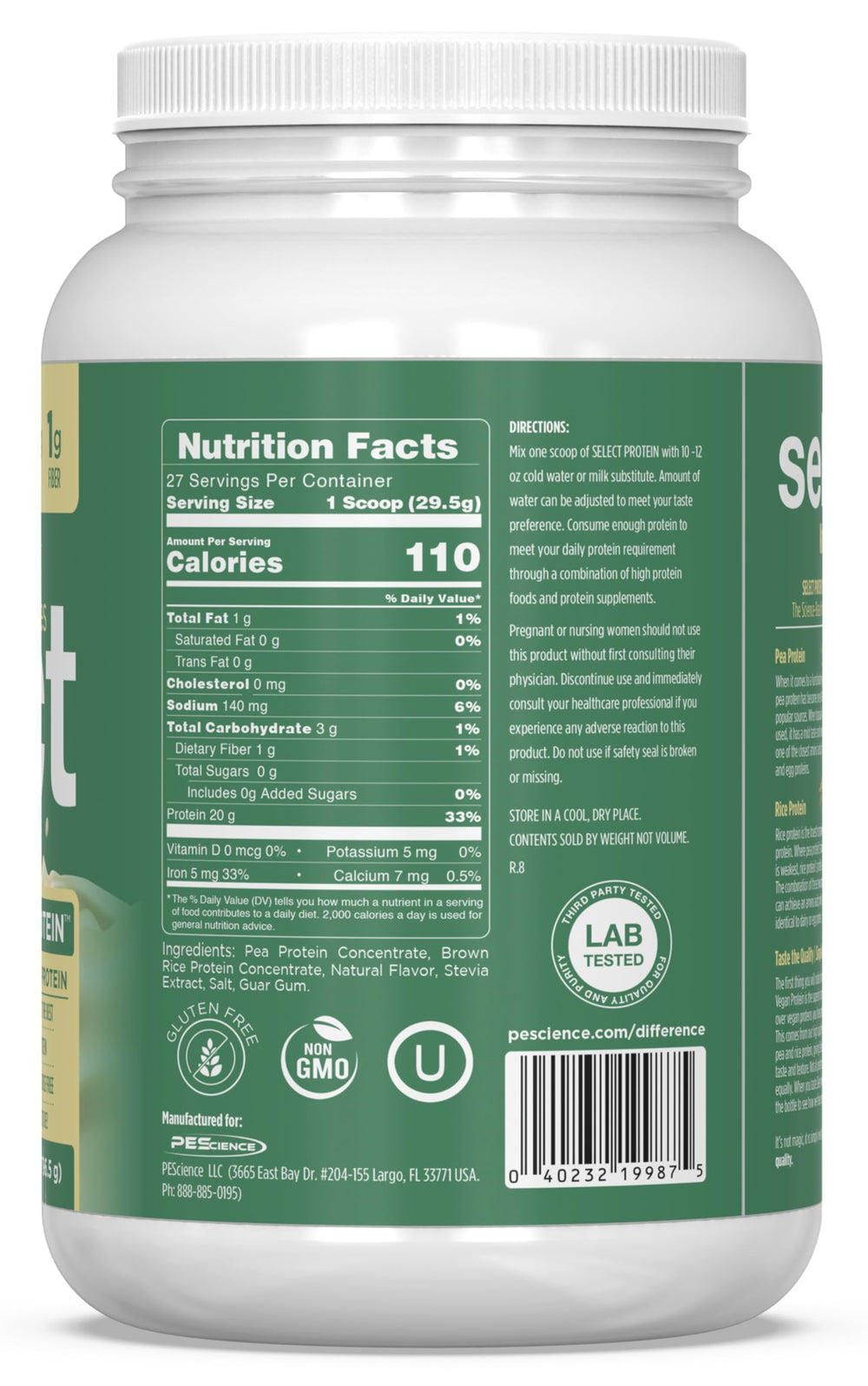 PEScience Select Vegan Vanilla Indulgence ingredients matrix shows pea and brown rice blend