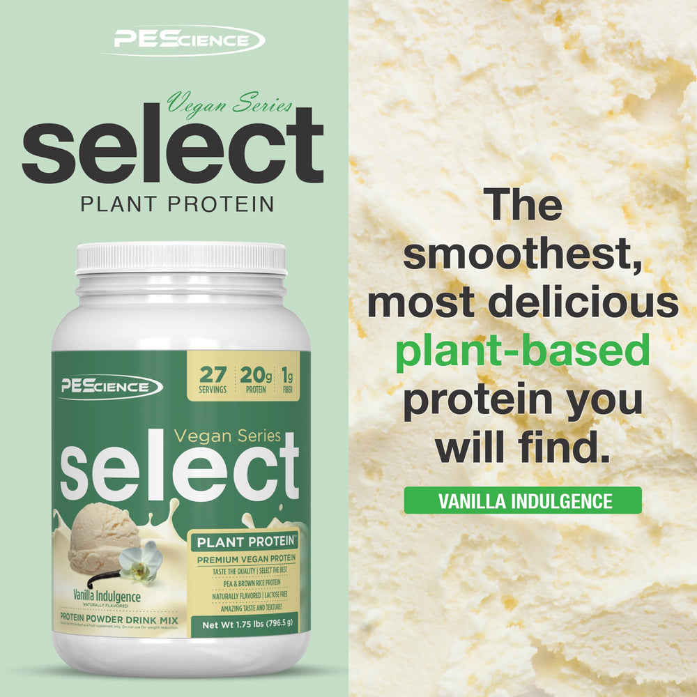 PEScience Select Vegan Vanilla Indulgence powder scoop in convenient single-serve packs
