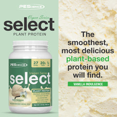 PEScience Select Vegan Vanilla Indulgence powder scoop in convenient single-serve packs