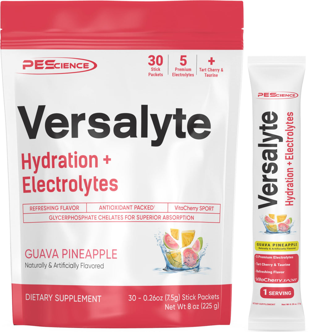 PEScience Versalyte electrolyte bottle pour for quick hydration during workouts.