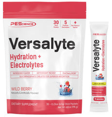 PEScience Versalyte packet front demonstrates sugar-free hydration for workouts.