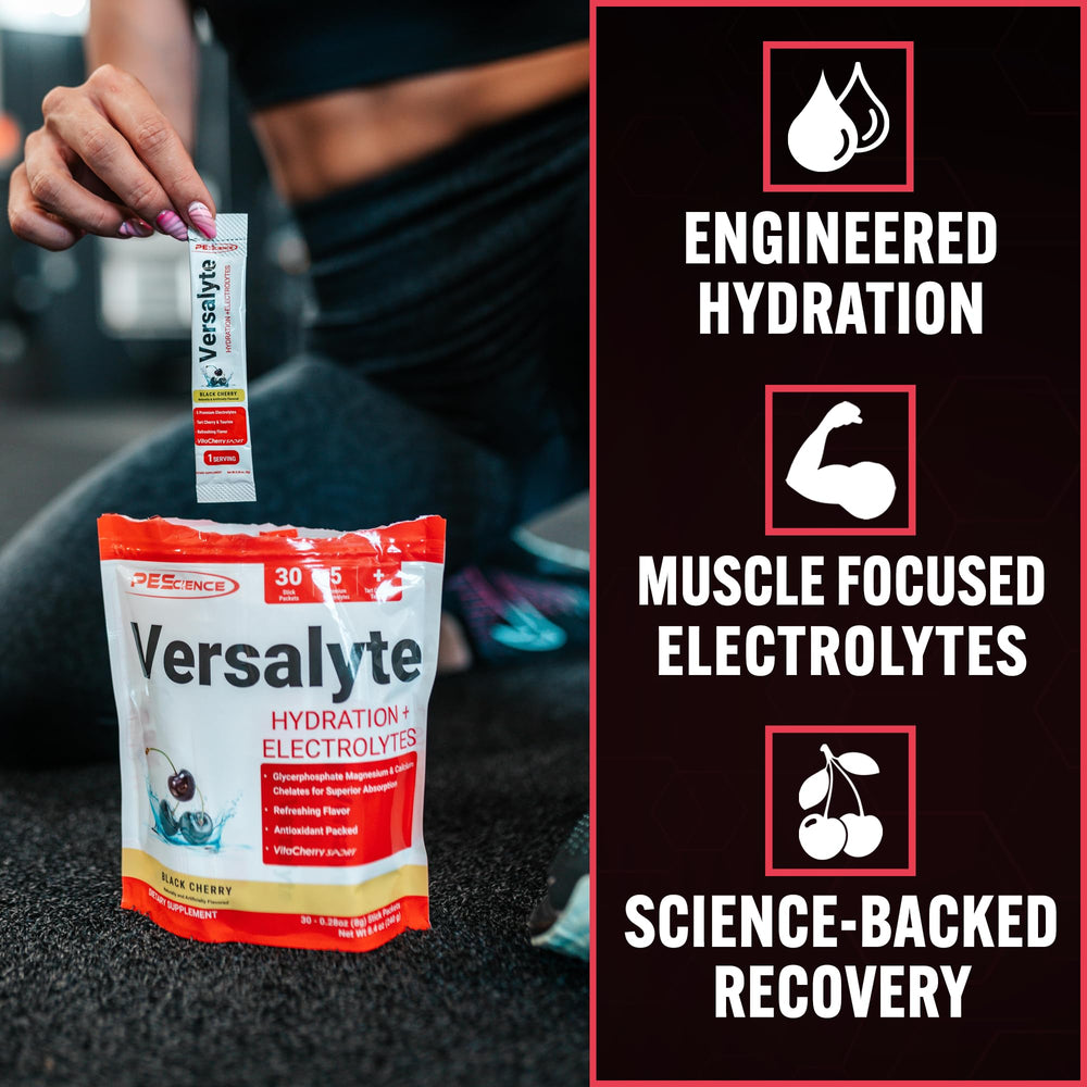 PEScience Versalyte stick-pack ready to mix for on-the-go hydration.