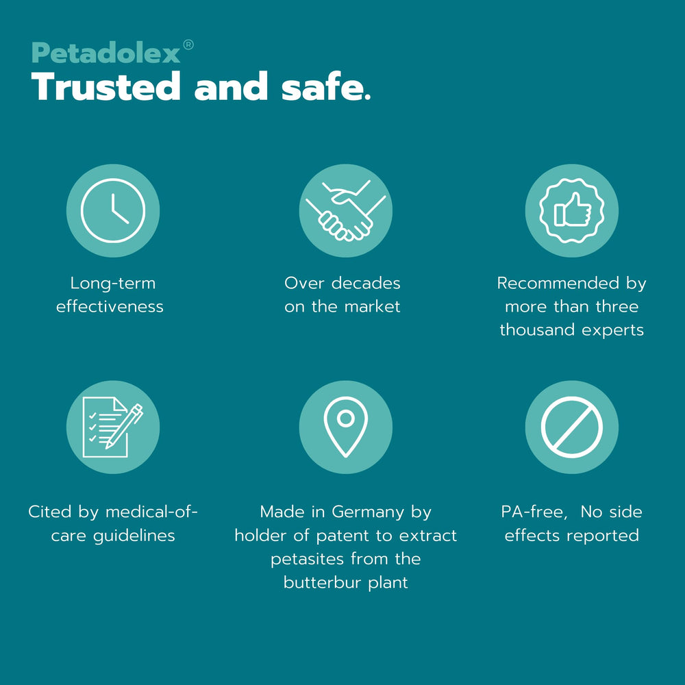 Petadolex bottle and packaging displayed on a kitchen counter