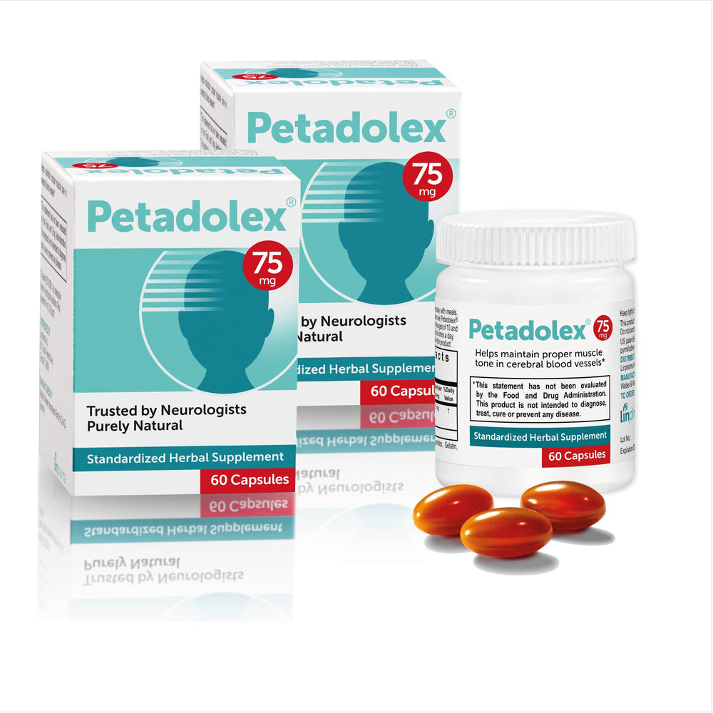 Petadolex bottle with 75 mg butterbur extract for headache support.