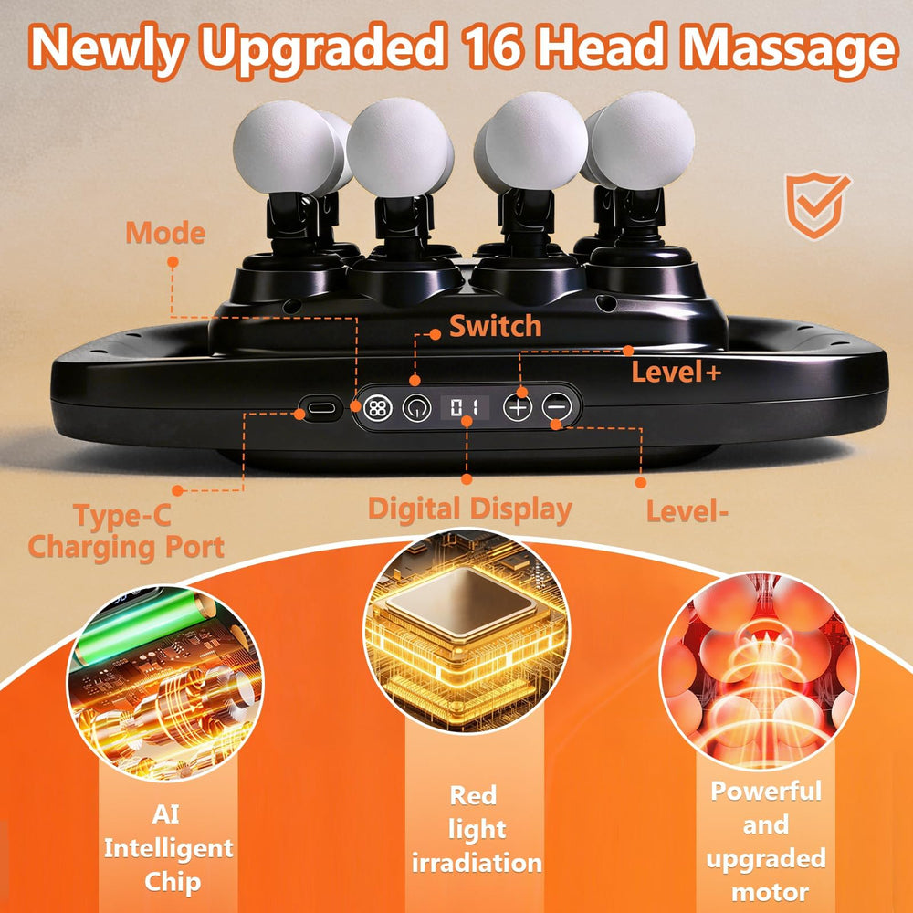PFUM 16-Head Massage Gun on thigh illustrates deep tissue stimulation