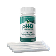 pH-D Boric Acid suppositories bottle, 72-count packaging for vaginal balance