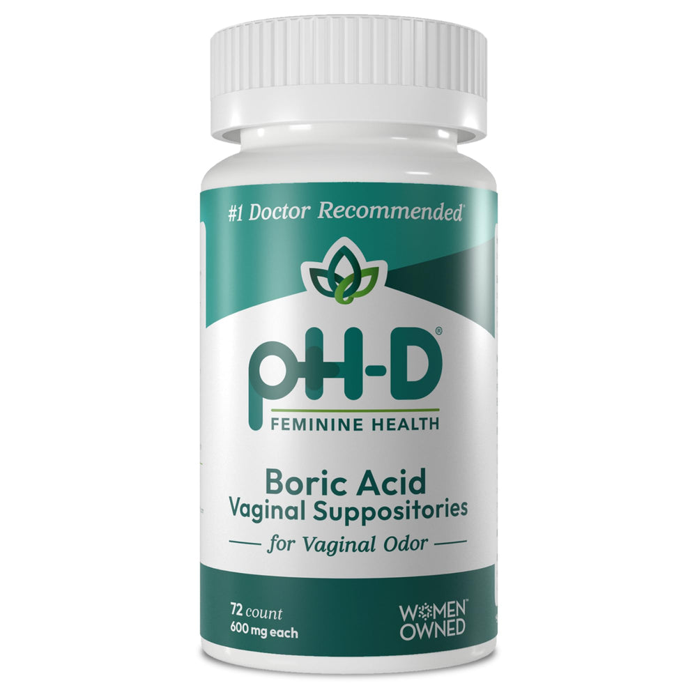 The pH-D Boric Acid Suppositories box highlights packaging for safe vaginal odor support.