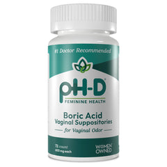 The pH-D Boric Acid Suppositories box highlights packaging for safe vaginal odor support.