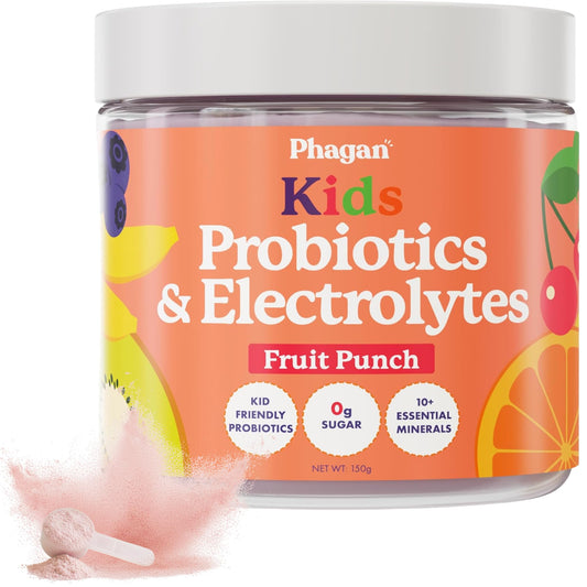 Phagan Kids Electrolyte Probiotic Powder tub for hydration and gut support.