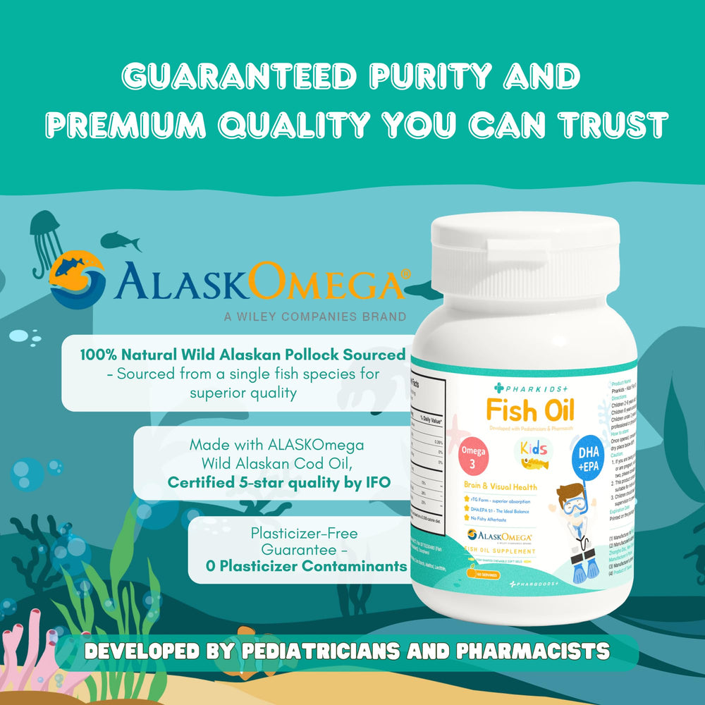 PHARGOODS+ Kids Fish Oil softgel close-up showing DHA and EPA per serving