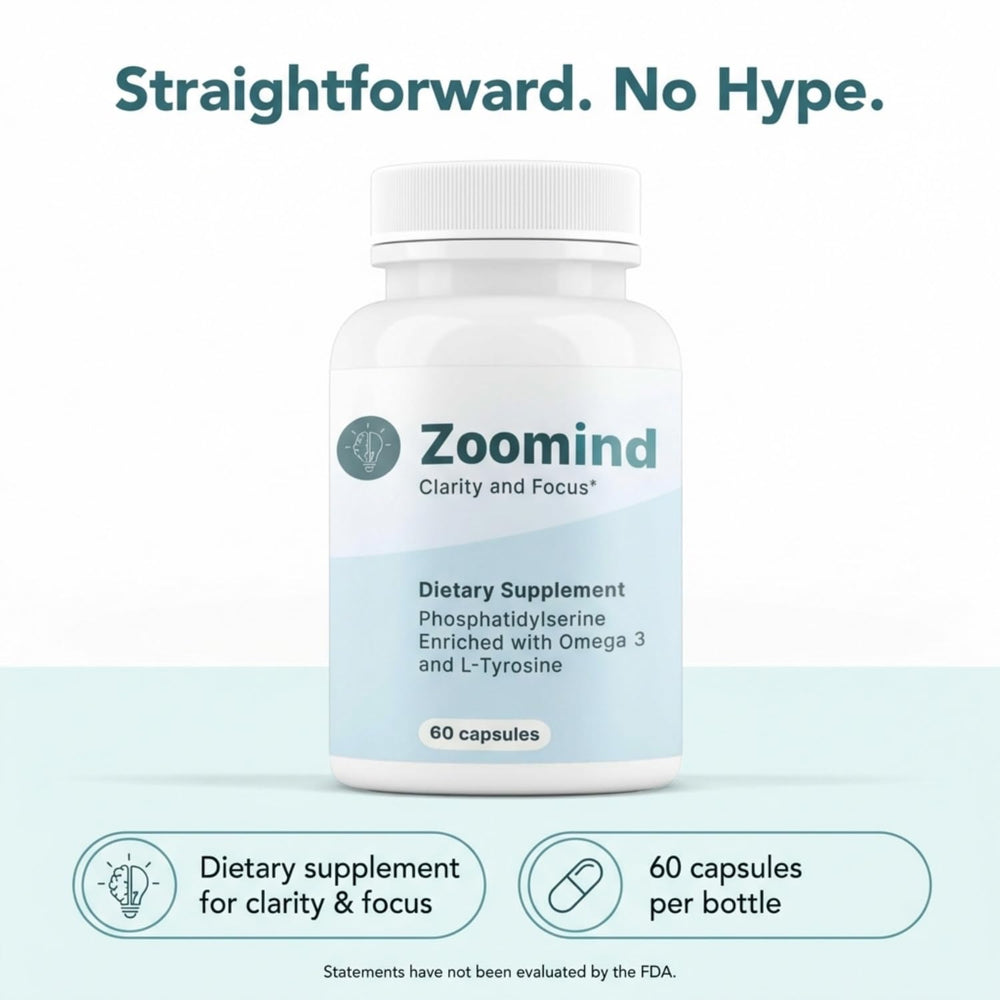 PHARMA SHAUL Zoomind bottle beside glass on desk.