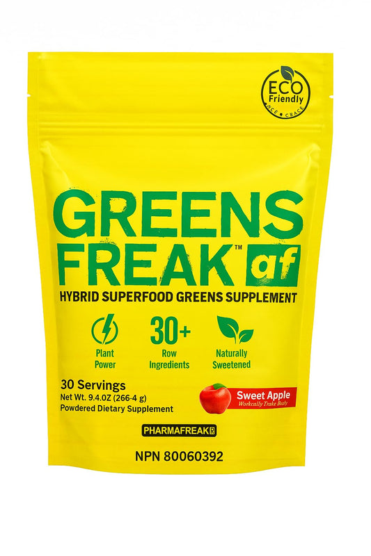 Pharmafreak Greens Freak tub front for convenient daily greens.