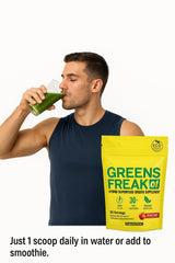 Pharmafreak Greens Freak vegan and USA-made badge signals quality.