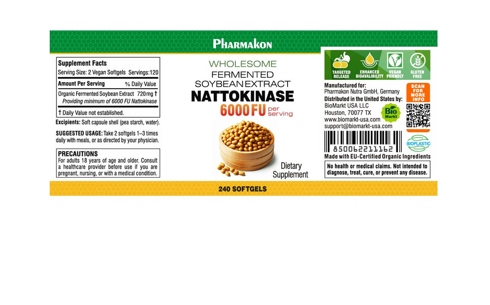 PHARMAKON nattokinase bottle pour for convenient daily use.