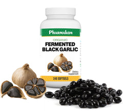 PHARMAKON Organic Aged Black Garlic capsules pack for daily wellness.