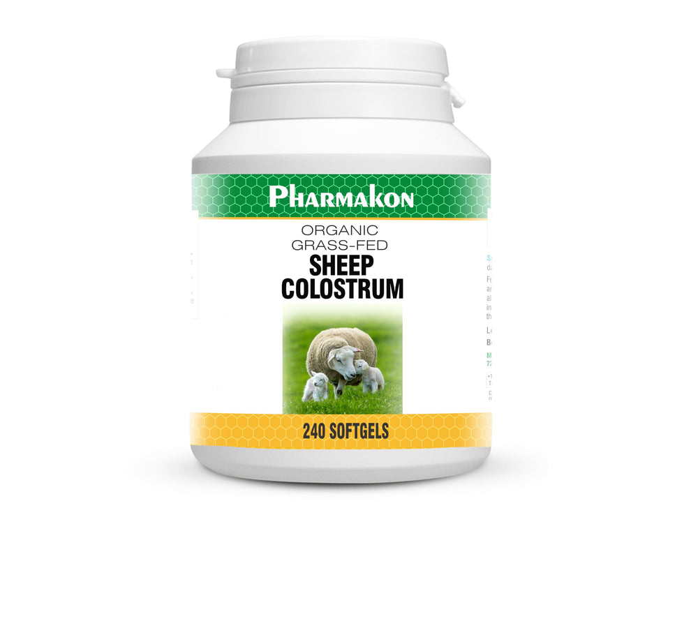 PHARMAKON Organic Sheep Colostrum softgels on bottle, convenient daily option