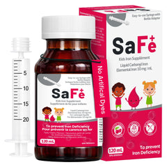 Pharmaris SaFe+ bottle with gentle carbonyl iron for kids and infants, smooth dosing.