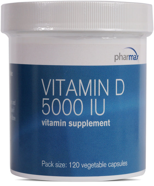 Pharmax Vitamin D 5000 IU bottle for daily bone support.
