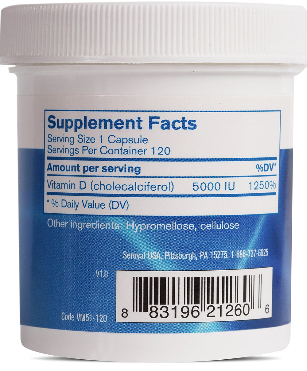 Pharmax Vitamin D 5000 IU capsules close-up showing easy-to-swallow capsules.