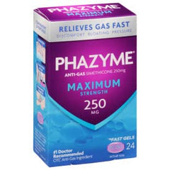 Phazyme logo beside gel capsule signals fast action.