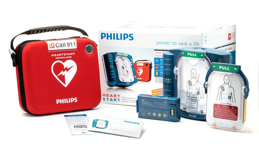 HeartStart Philips home AED front view for quick access in emergencies.