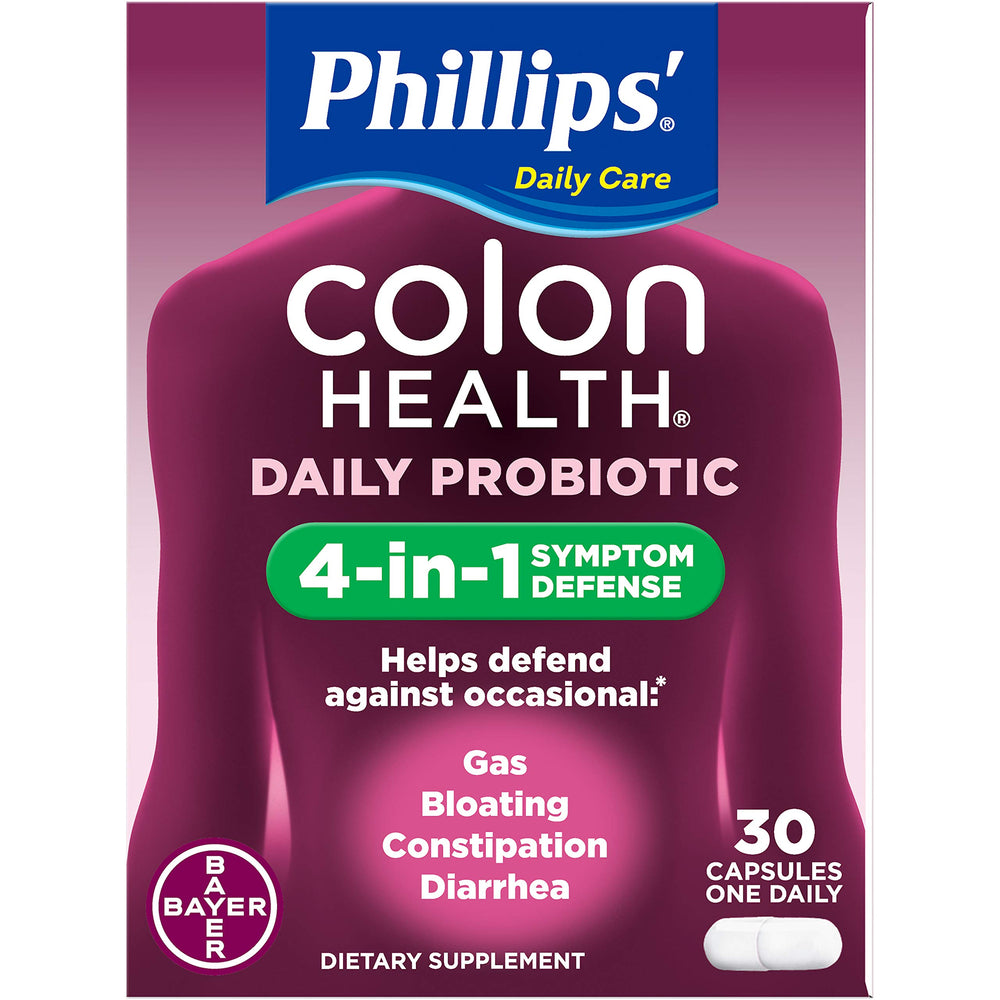 Phillips' Colon Health probiotic bottle with capsules for daily digestive balance.