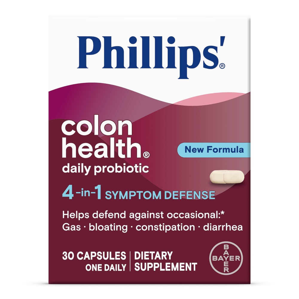 Phillips' Colon Health probiotic capsules bottle front view supports daily digestive balance.