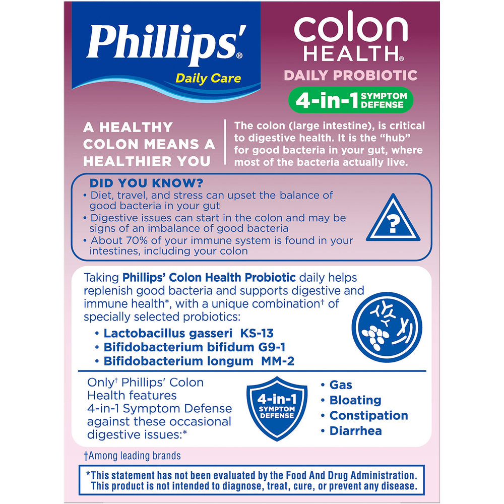 Phillips' Colon Health capsules on a neutral surface for convenient daily wellness.