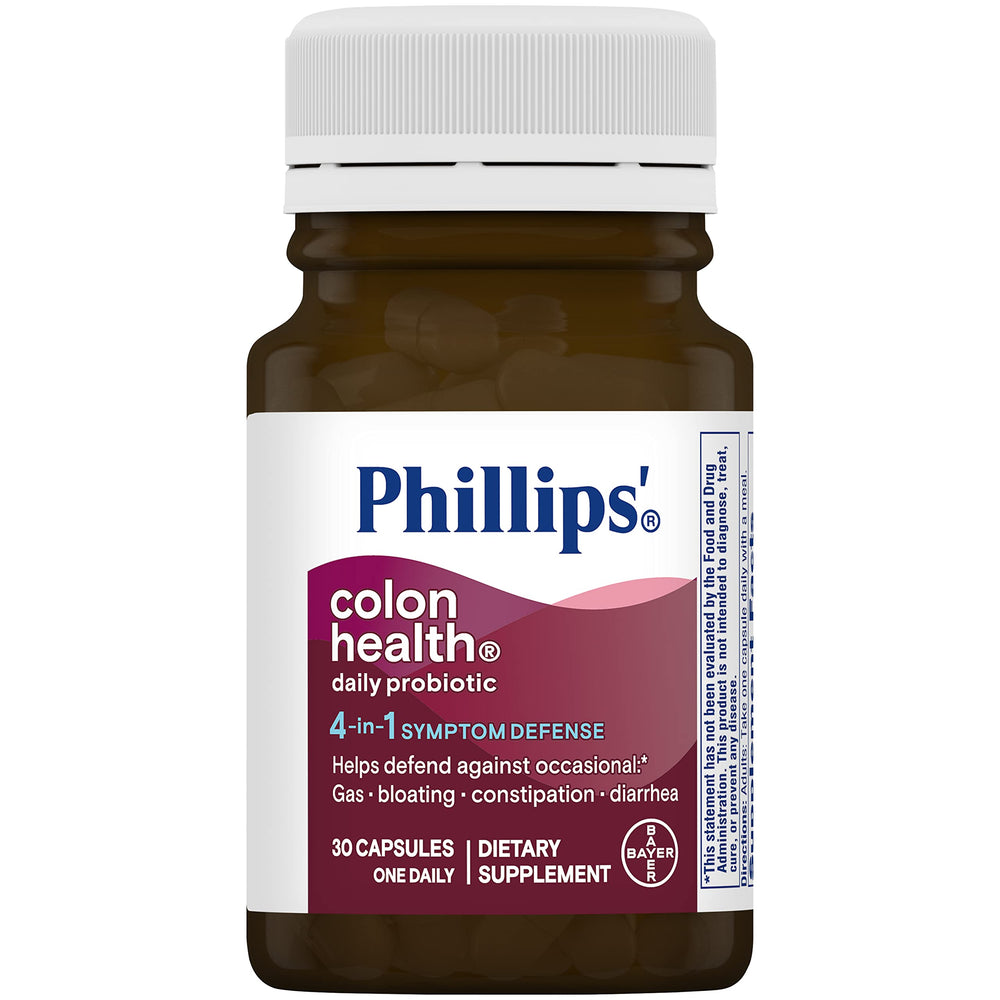 Phillips' Colon Health label close-up highlights 1.5B CFU potency at expiry.