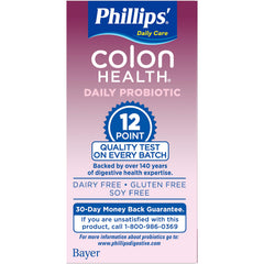 Phillips' Colon Health probiotic packaging shows six-bottle set for daily use.