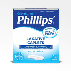 Phillips' Laxative Caplets bottle front with 24 easy-to-swallow caplets for convenient use.