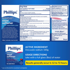 Phillips Stool Softener Liquid Gels bottle with label shows trusted, gentle relief options.