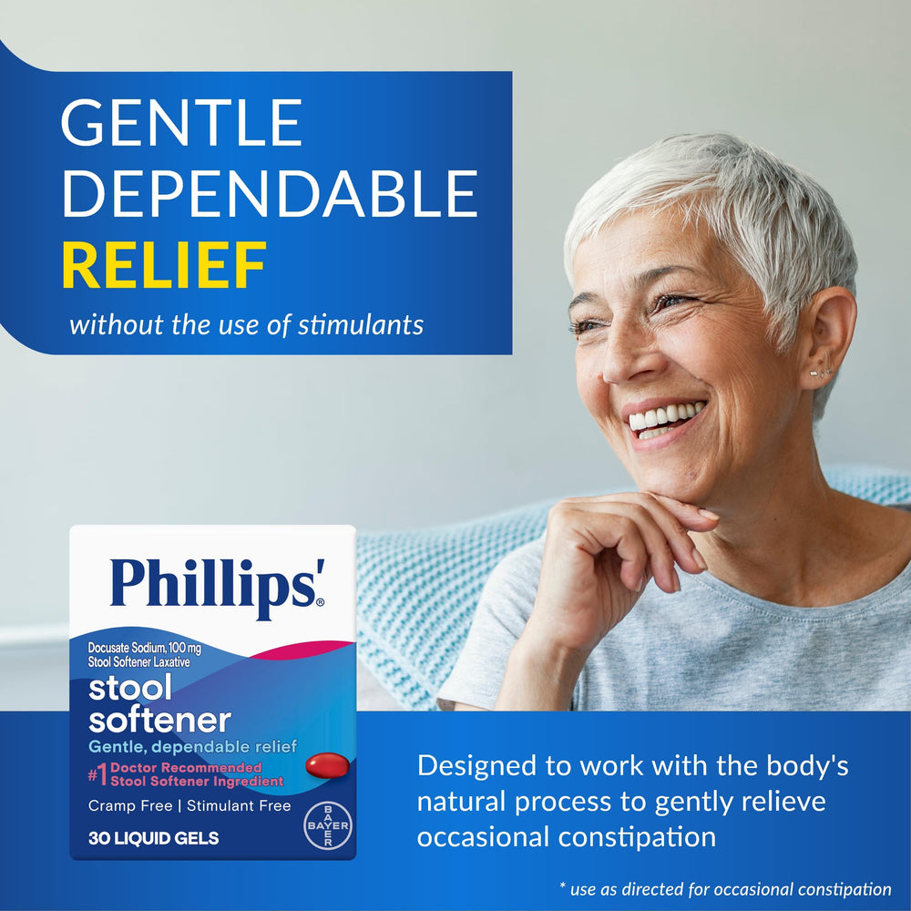 Phillips Stool Softener Liquid Gels label closeup highlights Docusate Sodium benefits.