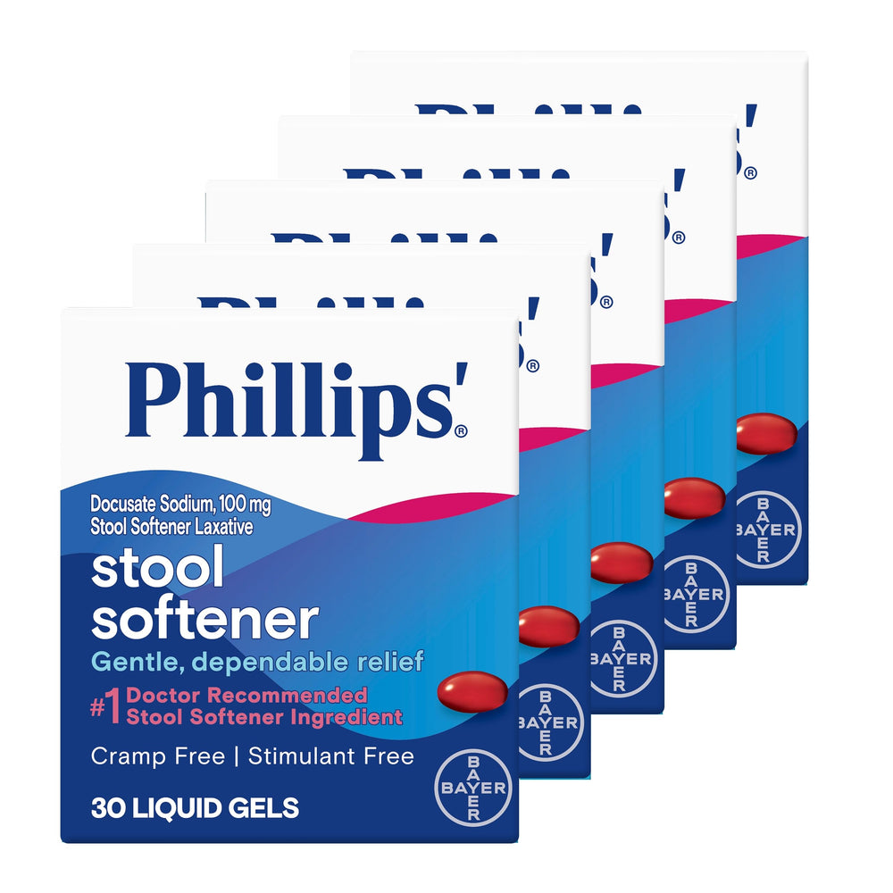 Phillips Stool Softener Liquid Gels pack on display for easy digestive relief.