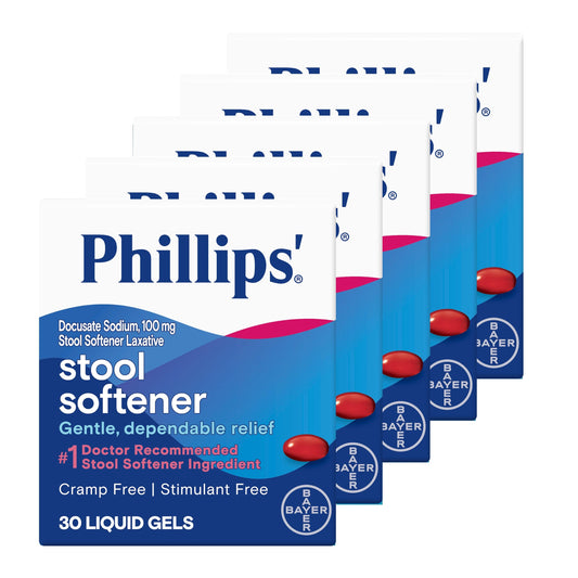 Phillips Stool Softener Liquid Gels pack on display for easy digestive relief.