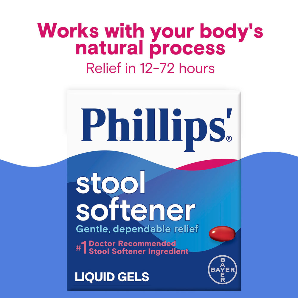 Phillips' Stool Softener Liquid Gels with water demonstrates correct, gentle swallowing.