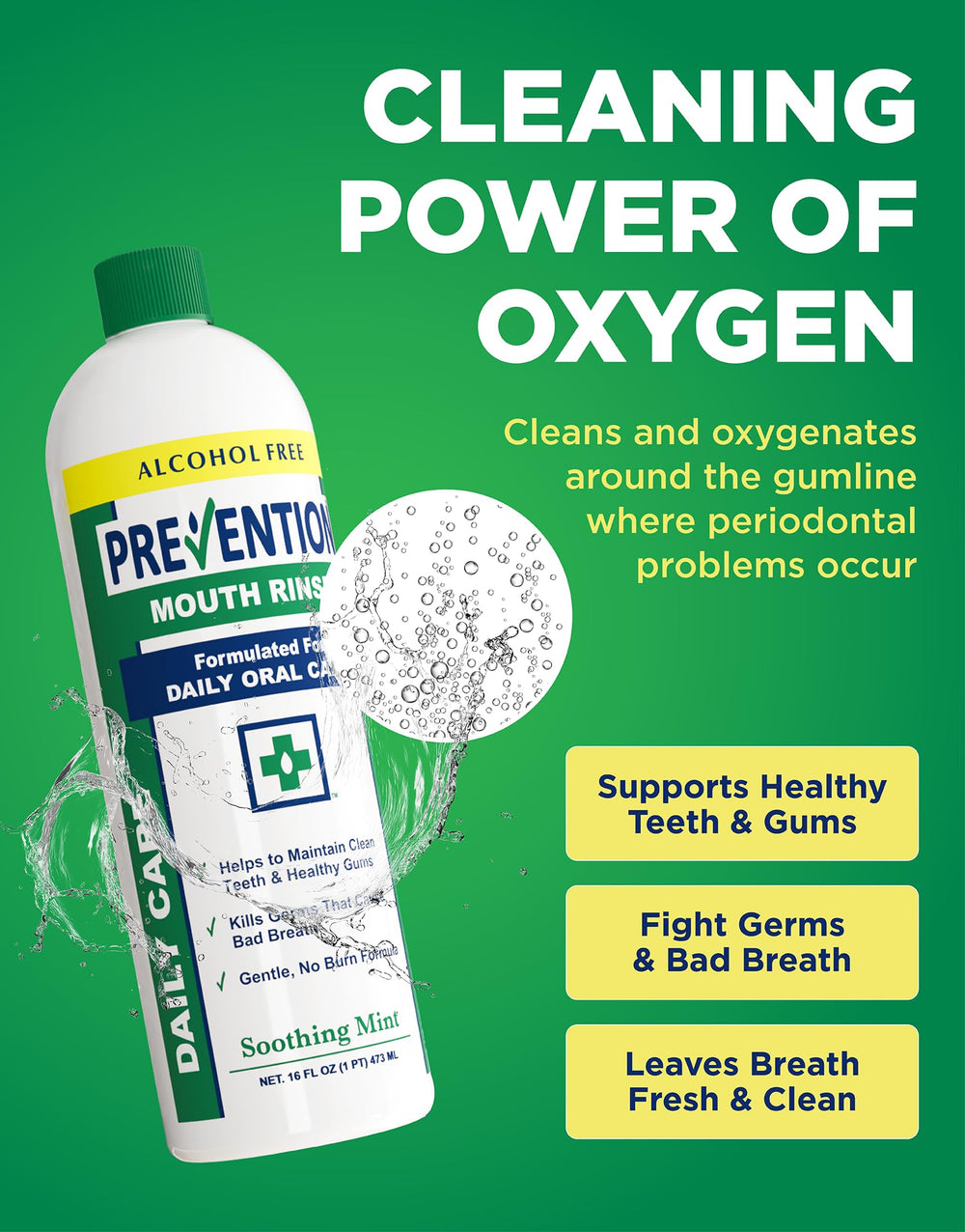 PHS Brands Prevention mouthwash closeup ingredients shows hydrogen peroxide and zinc benefits