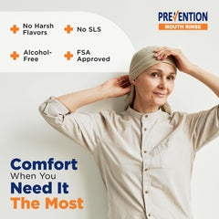 PHS Brands Prevention Oncology Mouthwash bottle pour demonstrates easy daily use during treatment